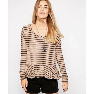 WE THE FREE BY FREE PEOPLE Women’s Tan Black Striped Long Sleeve Thermal Peplum
